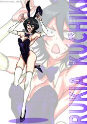 1girl animal_ears bare_shoulders black_hair bleach breasts elbow_gloves fake_animal_ears fake_bunny_ears fake_tail female_focus full_body gloves high_heels highres kaneyasu kuchiki_rukia leotard light_blush medium_hair open_mouth playboy_bunny skindentation small_breasts tail thighhighs white_thighhighs