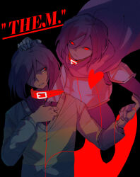 Rule 34 | 2others, animal collar, armor, cape, collar, deltarune, english text, green sweater, hand on another&#039;s head, heart, holding, holding knife, knife, kris (dark world) (deltarune), kris (deltarune), multiple others, red eyes, short hair, shoulder armor, si ben huan, soul (deltarune), sweater