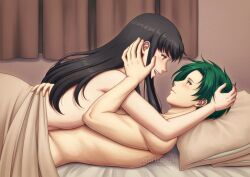 1boy 1girl adricarra astrid_(fire_emblem) bed bed_sheet black_hair commission commissioner_upload convenient_censoring couple eye_contact fire_emblem fire_emblem:_radiant_dawn girl_on_top green_hair hand_on_another&#039;s_cheek hand_on_another&#039;s_face hand_on_another&#039;s_head hetero implied_after_sex looking_at_another lying_on_person nintendo non-web_source open_mouth smile sothe_(fire_emblem) vgen_commission