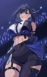 1girl abs absurdres asymmetrical_clothes black_hair black_pants black_shirt blue_eyes blue_shirt bow bow_earrings breasts earrings eipanguino glowstick highres hololive hololive_english hololive_idol_uniform_(color_rise) huge_breasts idol_clothes jewelry multicolored_shirt navel ouro_kronii pants shirt single_pantsleg solo virtual_youtuber white_shirt