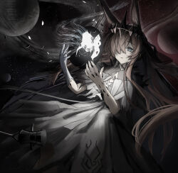 1girl amiya_(arknights) animal_ear_fluff animal_ears arknights blue_eyes brown_hair closed_mouth crown doumu_(31678316) dress gloves hair_over_one_eye highres long_hair material_growth oripathy_lesion_(arknights) planet rabbit_ears rabbit_girl revision single_glove solo space star_(sky) white_dress white_gloves