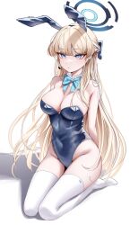 1girl animal_ears aqua_bow aqua_bowtie blonde_hair blue_archive blue_eyes blue_hairband blue_halo blue_leotard bow bowtie breasts detached_collar earpiece erbium fake_animal_ears hairband halo highleg highleg_leotard highres leotard long_hair looking_at_viewer official_alternate_costume playboy_bunny rabbit_ears solo strapless strapless_leotard thighhighs toki_(blue_archive) toki_(bunny)_(blue_archive) white_thighhighs white_wrist_cuffs wrist_cuffs
