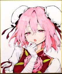 1girl bandaged_arm bandages commentary_request double_bun flower hair_bun highres ibaraki_kasen mikan_(manmarumikan) open_mouth pink_eyes pink_flower pink_hair pink_rose rose solo touhou traditional_media upper_body