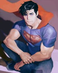 1boy ant black_hair black_shoes blue_eyes blue_pantsp bug cape cekrv9 closed_mouth commentary dc_comics hand_on_own_wrist hashtag-only_commentary highres insect looking_at_viewer male_focus parted_hair red_cape shirt shoes short_sleeves sitting solo superhero_costume superman superman_(series) superman_logo tight_clothes veins veiny_arms