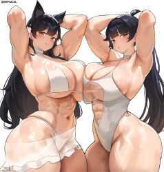 2girls abs animal_ears atago_(azur_lane) azur_lane bare_shoulders biceps bikini black_hair blush breasts cleavage commission cromwellb dog_ears extra_ears hair_flaps highleg highleg_one-piece_swimsuit highres large_breasts long_hair looking_at_viewer multiple_girls muscular muscular_female navel one-piece_swimsuit pixiv_commission ponytail smile swimsuit takao_(azur_lane) thick_thighs thighs white_bikini white_one-piece_swimsuit yellow_eyes