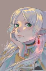 Rule 34 | 1girl, absurdres, chinese commentary, closed mouth, commentary request, dated, earrings, elf, floating earring, frieren, glowing, glowing earrings, green eyes, grey background, hand on own face, highres, jewelry, long hair, looking at viewer, parted bangs, pink lips, pointy ears, signature, simple background, smile, solo, sousou no frieren, teardrop earrings, thick eyebrows, upper body, white hair, yeeej