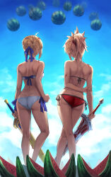 2girls artoria_pendragon_(fate) artoria_pendragon_(swimsuit_archer)_(fate) artoria_pendragon_(swimsuit_archer)_(first_ascension)_(fate) ass back bare_shoulders bikini blonde_hair blue_sky braid breasts clarent_(fate) excalibur_(fate/stay_night) fate/grand_order fate_(series) feet_out_of_frame food french_braid from_behind fruit hair_bun hair_ribbon halterneck highres long_hair mordred_(fate) mordred_(swimsuit_rider)_(fate) mordred_(swimsuit_rider)_(first_ascension)_(fate) mother_and_daughter multiple_girls outdoors ponytail red_bikini revision ribbon side-tie_bikini_bottom sidelocks sky small_breasts string_bikini suikawari swimsuit sword thighs tonee watermelon watermelon_slice weapon white_bikini