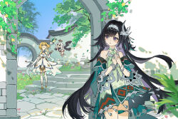 3girls :3 aqua_sleeves bare_shoulders bird_hair_ornament black_hair blonde_hair blush bracelet detached_sleeves dress flower genshin_impact green_dress hair_flower hair_ornament halo lan_yan_(genshin_impact) long_hair lumine_(genshin_impact) multiple_girls non-humanoid_robot open_mouth paimon_(genshin_impact) purple_eyes robot robot_animal robot_bird short_dress short_hair_with_long_locks silver_bracelet silver_hairband smile very_long_hair white_dress white_flower white_hair xiang_wan_wei_wan yellow_eyes