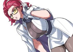 1girl adjusting_hair bent_over breasts coat coat_on_shoulders commentary crimson_viper gloves highres huge_breasts looking_at_viewer nasu_(ilo_a5) necktie necktie_aside red_hair skirt solo street_fighter street_fighter_6 sunglasses tinted_eyewear white_coat white_gloves white_skirt yellow-tinted_eyewear