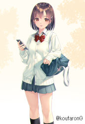 1girl bag bag_charm black_socks bow bowtie breasts brown_eyes brown_hair cardigan cellphone charm_(object) closed_mouth collared_shirt commentary_request dress_shirt grey_skirt hair_ornament hairclip holding holding_phone koutaro long_sleeves looking_at_viewer original phone pleated_skirt red_bow school_bag school_uniform shirt short_hair skirt sleeves_past_wrists small_breasts smartphone smile socks solo standing twitter_username white_cardigan white_shirt