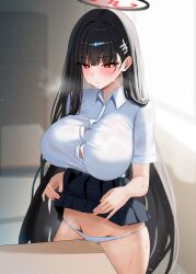 Rule 34 | 1girl, absurdres, alternate costume, black hair, black skirt, blue archive, blush, breasts, bright pupils, collared shirt, commentary request, crotch rub, desk, female masturbation, hair ornament, hairclip, halo, highres, huge breasts, long hair, looking at viewer, masturbation, mizikayo, panties, partially unbuttoned, red eyes, rio (blue archive), school desk, school uniform, shirt, short sleeves, skirt, solo, sweat, table humping, thighs, underwear, very long hair, white panties, white pupils, white shirt