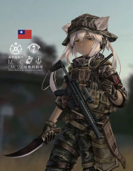 1girl animal_ears assault_rifle blurry blurry_background boonie_hat bulletproof_vest camouflage camouflage_headwear camouflage_jacket camouflage_pants chinese_commentary chinese_text commentary_request cowboy_shot ears_through_headwear fang_zhenjun gloves gun holding holding_knife jacket knife long_hair military military_combat_uniform military_uniform orange_eyes original pants photo_background republic_of_china_flag rifle soldier solo tactical_clothes taiwan translation_request twintails weapon white_hair