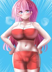 Rule 34 | 1girl, aqua eyes, bare shoulders, blue background, blush, bokutachi wa benkyou ga dekinai, braid, breasts, cameltoe, cleavage, collarbone, groin, gu~derenko, gym shorts, hands on own chest, highres, kirisu mafuyu, large breasts, long hair, navel, pink hair, shorts, sports bra, sportswear, standing, stomach, sweat, thighs