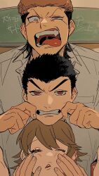 3boys alternate_costume black_hair brown_hair chalkboard danganronpa:_trigger_happy_havoc danganronpa_(series) fangs fujisaki_chihiro grey_shirt hands_on_another&#039;s_cheeks hands_on_another&#039;s_face highres indoors ishimaru_kiyotaka multicolored_hair multiple_boys owada_mondo pompadour red_eyes shirt short_hair teeth tongue tongue_out two-tone_hair v-shaped_eyebrows wanijima