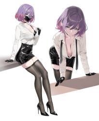 1girl bent_over black_bra black_choker black_gloves black_mask black_skirt black_thighhighs bra breasts choker cleavage closed_mouth collared_shirt full_body glasses gloves green_eyes high_heels highres large_breasts long_sleeves looking_at_viewer mask mouth_mask multiple_views original purple_hair shirt shirt_tucked_in short_hair simple_background skirt smile thighhighs thighs underwear white_background white_shirt yd_(orange_maru) yellow_eyes