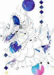 Rule 34 | 1girl, ankle garter, aqua eyes, barefoot, black choker, black ribbon, capelet, choker, commentary request, dress, floating hair, frilled capelet, frilled dress, frills, from side, full body, hair ribbon, hand up, hat, hat ribbon, hat tassel, highres, jellyfish girl, lace-trimmed choker, lace trim, large hat, long dress, long hair, looking up, low twintails, masking tape (medium), mixed media, original, parted lips, poncho (ponpontyo 8), profile, ribbon, solo, star (symbol), traditional media, twintails, unconventional media, very long hair, white background, white capelet, white dress, white hair, wristband