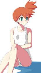 1girl alternate_costume breasts closed_mouth collarbone commentary_request expressionless eyelashes green_eyes haloh highres knees looking_to_the_side misty_(pokemon) nintendo one-piece_swimsuit one_side_up orange_hair pokemon pokemon_frlg sitting solo swimsuit white_one-piece_swimsuit