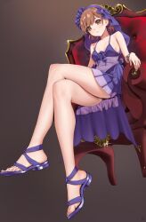 1girl absurdres armchair bracelet breasts brown_eyes brown_hair chair commentary crossed_legs dress highres jewelry kuuhaku_(pskf2372) looking_at_viewer misaka_mikoto official_alternate_costume on_chair parted_lips purple_dress purple_shoes purple_veil see-through_clothes see-through_dress shoes short_hair small_breasts solo symbol-only_commentary thighs toaru_majutsu_no_index toaru_majutsu_no_index:_new_testament toes veil