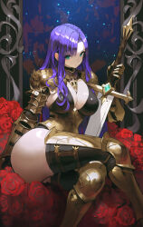 1girl absurdres arm_support armor arowana2111 black_thighhighs breasts closed_mouth commentary crossed_legs cuisses dated_commentary english_commentary feet_out_of_frame flower gauntlets greaves green_eyes highres holding holding_sword holding_weapon large_breasts long_hair looking_at_viewer original pauldrons poleyn purple_hair red_flower red_rose rose shoulder_armor sidelocks solo sword thighhighs thighs very_long_hair weapon