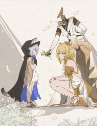 Rule 34 | 2girls, aged down, aglaea (honkai: star rail), ancient greek clothes, animal ear fluff, animal ears, animal hood, artist name, black gloves, blonde hair, blue eyes, breasts, cat ears, cat girl, cat hood, cat tail, chinese commentary, cipher (honkai: star rail), cleavage, commentary request, dated, dress, fufafurfur, garmentmaker (honkai: star rail), giving flower, gloves, greco-roman clothes, green eyes, grey hair, high heel sandals, highres, honkai: star rail, honkai (series), hood, laurel crown, mannequin, multiple girls, sandals, short hair, smile, squatting, tail, toes, white dress