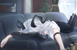 1girl arm_strap barefoot black_horns black_pants black_tail bookshelf can commentary_request couch curled_horns curtains demon_tail drink_can grey_hair highres horns indoors long_hair lying multicolored_hair nmnmpngr on_couch on_stomach pants pillow shirt signature solo streaked_hair tail white_shirt window wuthering_waves zani_(wuthering_waves)