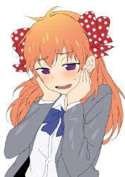 Rule 34 | 1girl, blue bow, bow, commentary request, eyelashes, gekkan shoujo nozaki-kun, grey jacket, hair bow, hands on own face, jacket, long hair, open mouth, orange hair, polka dot, polka dot bow, purasu no konbu, purple eyes, sakura chiyo, school uniform, shirt, simple background, solo, upper body, white background, white shirt