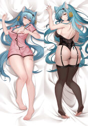 Rule 34 | 1girl, 2024, 52374575, absurdres, animal ears, artist request, ass, bada neko, barefoot, blue hair, braid, breasts, cat ears, cleavage, dakimakura (medium), garter straps, heart, highres, indie virtual youtuber, large breasts, long hair, looking back, prone, solo, supine, thigh gap, twin braids, white background, yellow eyes