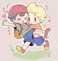 bad_tag black_hair carrying carrying_person child legs lucas_(mother_3) mother_(series) mother_2 mother_3 ness_(mother_2) nintendo opipio_m shirt shorts shota smile socks super_smash_bros.