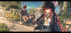 3girls aircctzillie black_choker black_jacket black_shoes black_skirt black_socks blue_archive choker combat_helmet grin gun helmet helmet_gangster_(blue_archive) highres holding holding_gun holding_weapon jacket kneehighs motorcycle_helmet multiple_girls neckerchief ocean rabu_(blue_archive) red_eyes red_hair sailor_collar shirt shoes shotgun skirt smile socks weapon white_shirt white_skirt yellow_neckerchief yellow_sailor_collar