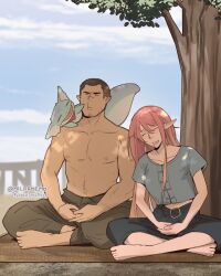 1boy 1girl animal animal_on_shoulder black_pants blue_sky brown_hair brown_pants buzz_cut closed_eyes closed_mouth cloud collarbone commentary day drooling english_commentary gecko grey_shirt hashtag long_hair milramemo mouth_drool nelyne_(milramemo) original outdoors pants pointy_ears shirt short_hair sitting sky topless_male tree twitter_username very_long_hair very_short_hair