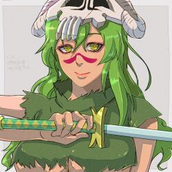 Rule 34 | 1girl, bleach, breasts, green eyes, green hair, highres, large breasts, long hair, looking at viewer, nelliel tu odelschwanck, revealing clothes, smile, solo, strikek-lvvjm27, sword, torn clothes, underboob, weapon