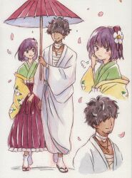 Rule 34 | 1girl, 37dauu, absurdres, bandages, blunt bangs, blush, bow, commission, commissioner name, commissioner upload, couple, cross, cross necklace, dark-skinned male, dark skin, embarrassed, faceless, faceless male, facial hair, flower, frills, goatee, green kimono, hair flower, hair ornament, hakama, hakama skirt, hetero, hieda no akyuu, highres, japanese clothes, jewelry, kimono, necklace, purple eyes, purple hair, red skirt, short hair, skeb commission, skirt, smile, thank you, touhou, white flower, yellow sleeves