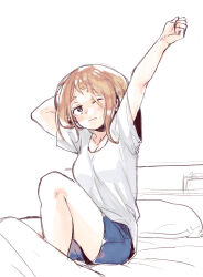 1girl arm_up bed boku_no_hero_academia brown_eyes closed_mouth highres looking_at_viewer on_bed one_eye_closed shirt shorts sleepy solo stretching uraraka_ochaco waking_up white_shirt zbura