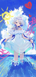 1girl absurdres bare_shoulders blue_hair cloud commentary dress heart hebi_(vtuber) highres indie_virtual_youtuber long_hair looking_at_viewer moly_(molyy0218) multicolored_hair musical_note musical_staff neck_ribbon open_mouth outdoors ribbon skirt_hold sky solo standing sun two-tone_hair very_long_hair wading white_dress white_hair wrist_ribbon