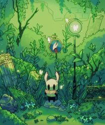 1other bench bush cloak flower grass hands_up highres holding holding_map hollow_knight hornet_(hollow_knight) knight_(hollow_knight) lamppost leaf map nail_(hollow_knight) outdoors rdif_hk red_cloak road_sign sign sitting white_flower