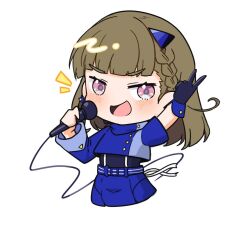 Rule 34 | 1girl, :d, asymmetrical sleeves, blue gloves, blue jacket, blue shorts, blush, braid, cable, chibi, chibi only, chinese commentary, commentary request, cropped jacket, cropped legs, erobear, gloves, hair ornament, highres, holding, holding microphone, jacket, kachimachi kosuzu, ladybug/beauty (love live!), link! like! love live!, long sleeves, looking at viewer, love live!, microphone, notice lines, official alternate costume, open mouth, pink eyes, pleated shorts, short sleeves, shorts, side ahoge, side braids, simple background, smile, solo, triangle hair ornament, uneven sleeves, v-shaped eyebrows, v-shaped eyes, virtual youtuber, white background