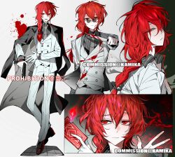 1boy black_boots black_coat black_necktie black_shirt blood blood_on_clothes blood_splatter bloody_weapon boots braid buttons card character_chart close-up coat coat_on_shoulders collage collared_shirt commission double-breasted dress_shoes fire formal_clothes from_side full_body gloves glowing glowing_card glowing_eyes grin half-closed_eyes highres holding holding_card holding_knife holding_weapon kamika knife long_bangs long_coat long_hair looking_at_viewer looking_down male_focus messy_hair multiple_views necktie original pants ponytail portrait profile red_eyes red_hair reference_sheet shirt sidelocks single_braid smile smirk solo standing striped_clothes striped_shirt suit sunglasses upper_body v vest waistcoat watermark weapon white_gloves white_pants white_suit