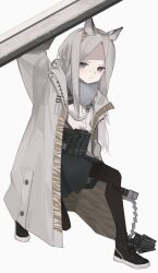 1girl animal_ears arknights black_shoes closed_mouth grey_eyes hair_ornament hairband heavyrain_(arknights) highres holding holding_shield jacket long_hair long_sleeves looking_at_viewer pantyhose saiy0u shield shoes simple_background skirt solo squatting white_background white_hair zebra_ears zebra_girl