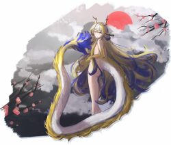 1girl absurdres arknights blonde_hair blue_eyes branch closed_mouth colored_extremities completely_nude dragon_girl dragon_horns dragon_tail flower full_body grey_hair hair_between_eyes hair_intakes highres horns long_hair looking_at_viewer multicolored_hair nude pink_flower purple_hair red_sun shu_(arknights) solo standing tail very_long_hair vincentime