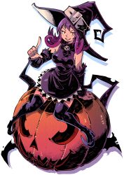 Rule 34 | 1girl, absurdres, animal ears, bare shoulders, blair (soul eater), boots, breasts, detached sleeves, dress, halloween, hat, highres, index finger raised, jack-o&#039;-lantern, large breasts, long hair, looking at viewer, open mouth, pumpkin, purple hair, simple background, sitting, smile, solo, soul eater, thigh boots, thighhighs, vakodraws, white background, witch, witch hat, yellow eyes
