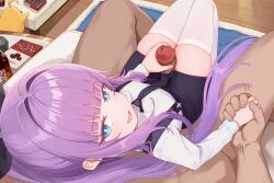 1boy 1girl absurdres azur_lane black_shorts blue_eyes censored clothed_female_nude_male commentary_request hetero highres holding_hands linhangwei loli long_hair looking_at_viewer manjuu_(azur_lane) mosaic_censoring nude official_alternate_costume penis penis_grab ponytail purple_hair revision shirt short_shorts shorts skindentation suspender_shorts suspenders tashkent_(azur_lane) tashkent_(the_bound_cruiser)_(azur_lane) thigh_sex thighhighs white_shirt white_thighhighs