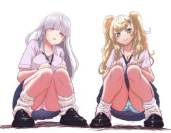 2girls alternate_costume ass black_shoes blonde_hair blue_skirt blunt_bangs breasts brown_eyes collared_shirt commentary_request dress_shirt grey_eyes grey_hair hair_between_eyes hair_ornament hairclip highres kantai_collection kirov_(kancolle) large_breasts loafers long_hair looking_at_viewer loose_socks miniskirt minneapolis_(kancolle) multiple_girls panties pantyshot pleated_skirt school_uniform shirt shoes short_sleeves simple_background skirt smile socks squatting striped_clothes striped_panties tsun&#039;ichi_(tsun1) two_side_up underwear wavy_hair white_background white_shirt white_socks