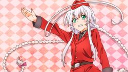 Rule 34 | 050411285aura, 1girl, ahoge, bad id, bad pixiv id, blush, braid, female focus, green eyes, haiyore! nyaruko-san, huge ahoge, long hair, necktie, nyarlathotep (nyaruko-san), salute, silver hair, solo, straight-arm salute, twin braids, uniform