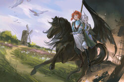 armband bird black_boots black_cape black_horse blue_eyes blue_jacket blue_shirt blue_sky boots brown_boots cape couter dress gauntlets grass grey_eyes grey_hair grin gun hair_ornament highres horseback_riding jacket long_dress long_hair looking_ahead marsha_(reverse:1999) multiple_riders outdoors pants pants_under_dress path red_hair reverse:1999 riding rifle road rod_of_asclepius ruins sentinel_(reverse:1999) shirt short_hair sky smile volcanoyyy weapon white_armband white_dress white_pants windmill