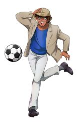 Rule 34 | 1boy, ball, beige jacket, black hair, blue eyes, blue shirt, captain tsubasa, dark-skinned male, dark skin, hand up, hat, jacket, kicking, long sleeves, open clothes, open jacket, open mouth, pants, roberto hongo, shirt, shoes, simple background, smile, soccer ball, solo, white background, white pants