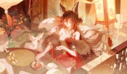 1girl absurdres animal animal_ears bare_shoulders bowl breasts brown_hair chinese_clothes closed_eyes dress dumpling folding_screen food fox fox_ears fox_tail fruit fugue_(honkai:_star_rail) fugue_(jiaduobao)_(honkai:_star_rail) fur_trim hair_between_eyes hair_bun hair_ornament highres holding holding_spoon honkai:_star_rail honkai_(series) indoors jewelry jiaozi lantern long_hair ludibianyuan necklace open_mouth persimmon plate red_dress shawl sitting smile solo spoon table tail tassel tingyun_(honkai:_star_rail) vase