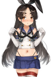 Rule 34 | 1girl, black hair, black panties, blue skirt, breasts, brown eyes, cosplay, cowboy shot, crop top, elbow gloves, gloves, hairband, high ponytail, highleg, highleg panties, kantai collection, long hair, midriff, miniskirt, navel, nisshin (kancolle), panties, photoshop (medium), pleated skirt, ponytail, sailor collar, shimakaze (kancolle), shimakaze (kancolle) (cosplay), short eyebrows, simple background, skirt, small breasts, solo, striped clothes, striped thighhighs, thick eyebrows, thighhighs, thong, toka (marchlizard), underwear, very long hair, white background, white gloves