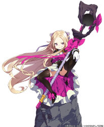 Rule 34 | 1girl, artist name, black thighhighs, blonde hair, blush, brown eyes, closed mouth, dress, full body, gloves, hair ornament, holding, holding staff, iwasaki takashi, long hair, long sleeves, looking at viewer, loux christasse, mage staff, mahoutsukai reimeiki, pink ribbon, ribbon, simple background, sitting, smile, solo, staff, thighhighs, thighs, v-shaped eyebrows, very long hair, white background, white gloves