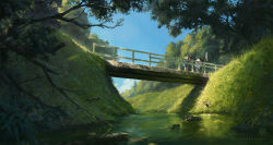 1boy 1girl absurdres against_railing artist_name black_hair blue_sky branch bridge child cloud commentary day english_commentary fishing_net forest grass highres leaning_forward looking_down nature original outdoors overalls railing river riverbank rock scenery shirt sky standing stephen_njoto tree water white_shirt