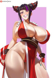 1girl black_hair blush breasts cameltoe cosplay curvy delta26 fatal_fury grin han_juri hand_on_own_thigh highres huge_breasts lipstick looking_at_viewer makeup nail_polish purple_hair red_eyes revealing_clothes shiny_skin shiranui_mai shiranui_mai_(cosplay) simple_background smile solo street_fighter thick_thighs thighs two-tone_background wide_hips